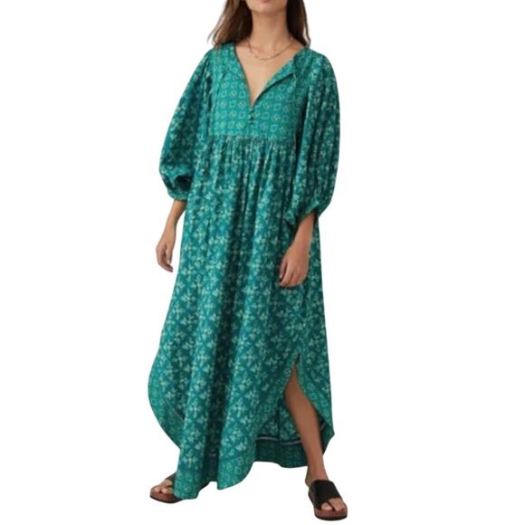 Free People Hazy Maisy Floral Maxi Dress XS Oversized Forest Green Prairie Boho - Picture 11 of 11